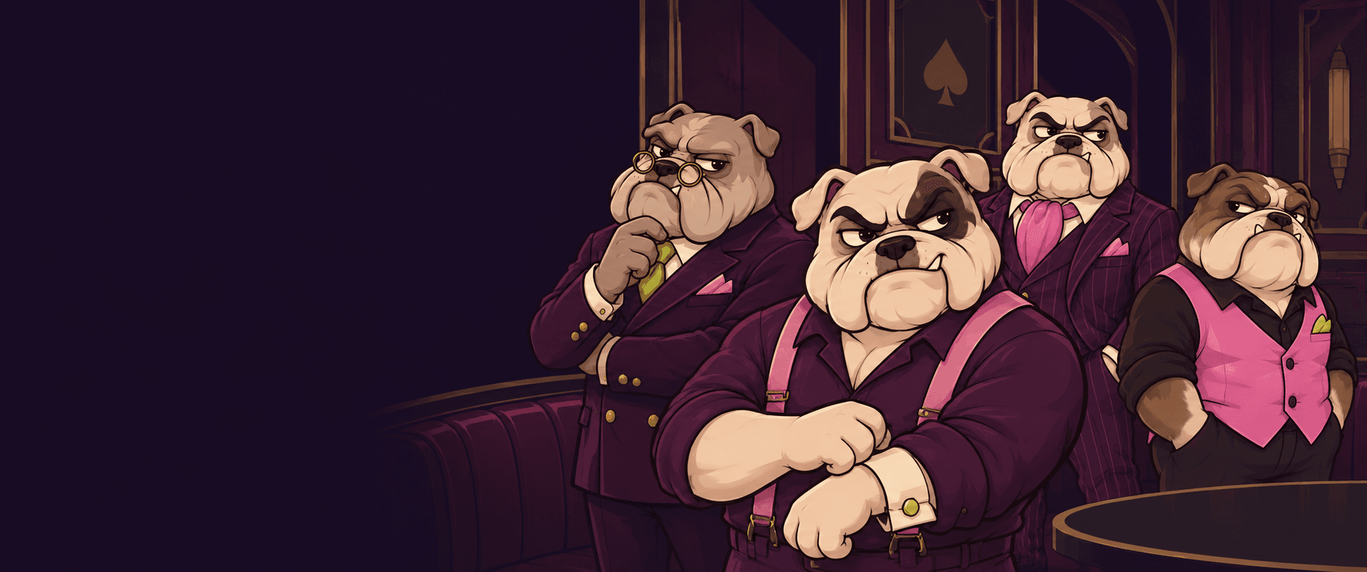 Four Rollix bulldog mascots in a casino lounge