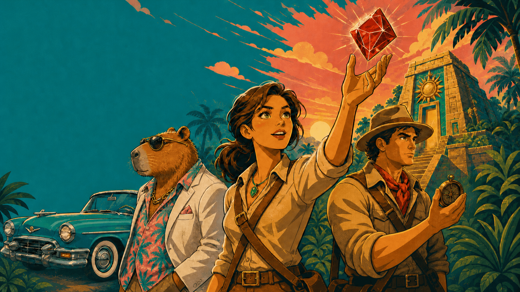 Rollix game characters in a tropical temple adventure scene